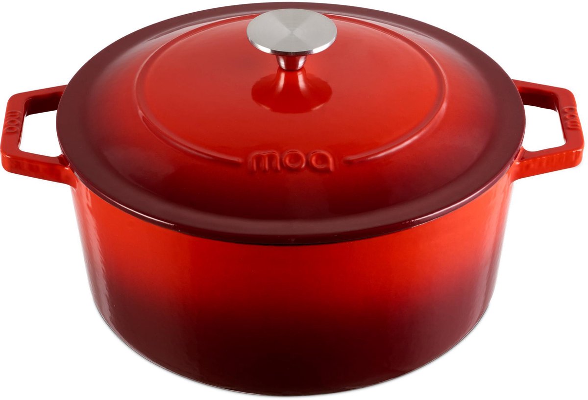 MOA Gietijzeren Pan - Braadpan - 26 cm - Rond - met Deksel - ook voor Inductie - Kersenrood - C26CB