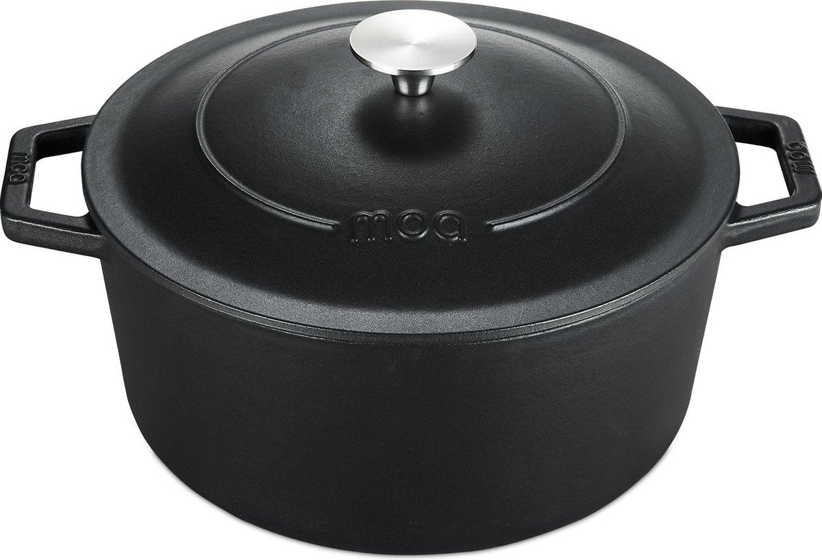 MOA Gietijzeren Pan - Braadpan - 26 cm - Rond - met Deksel - ook voor Inductie - Zwart - C26B