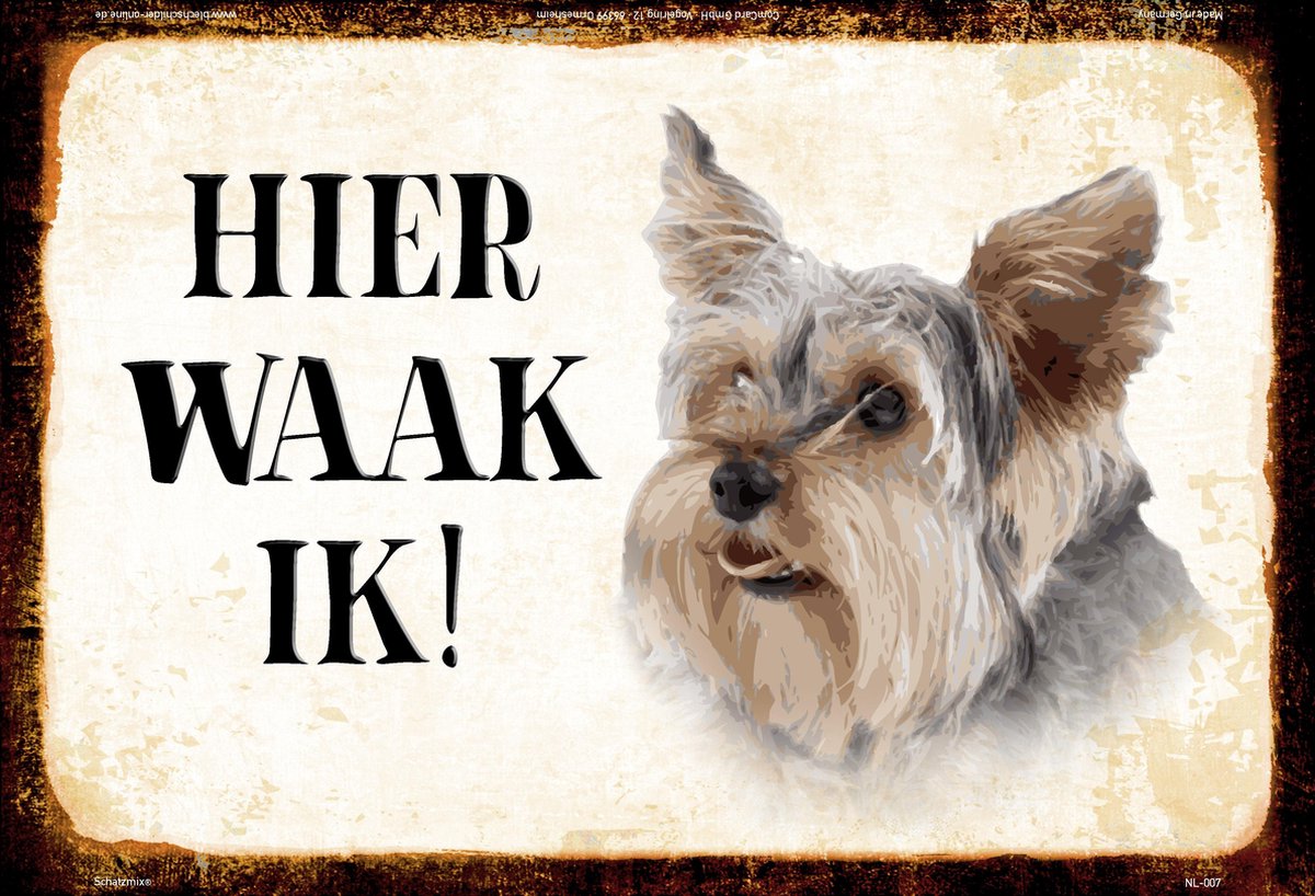 Wandbord- 20x30 - Hier Waak Ik - Yorkshire Terrier