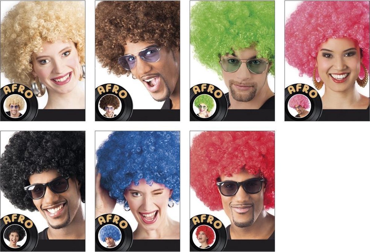 12 stuks: Pruik Afro in 7 kleuren - assorti