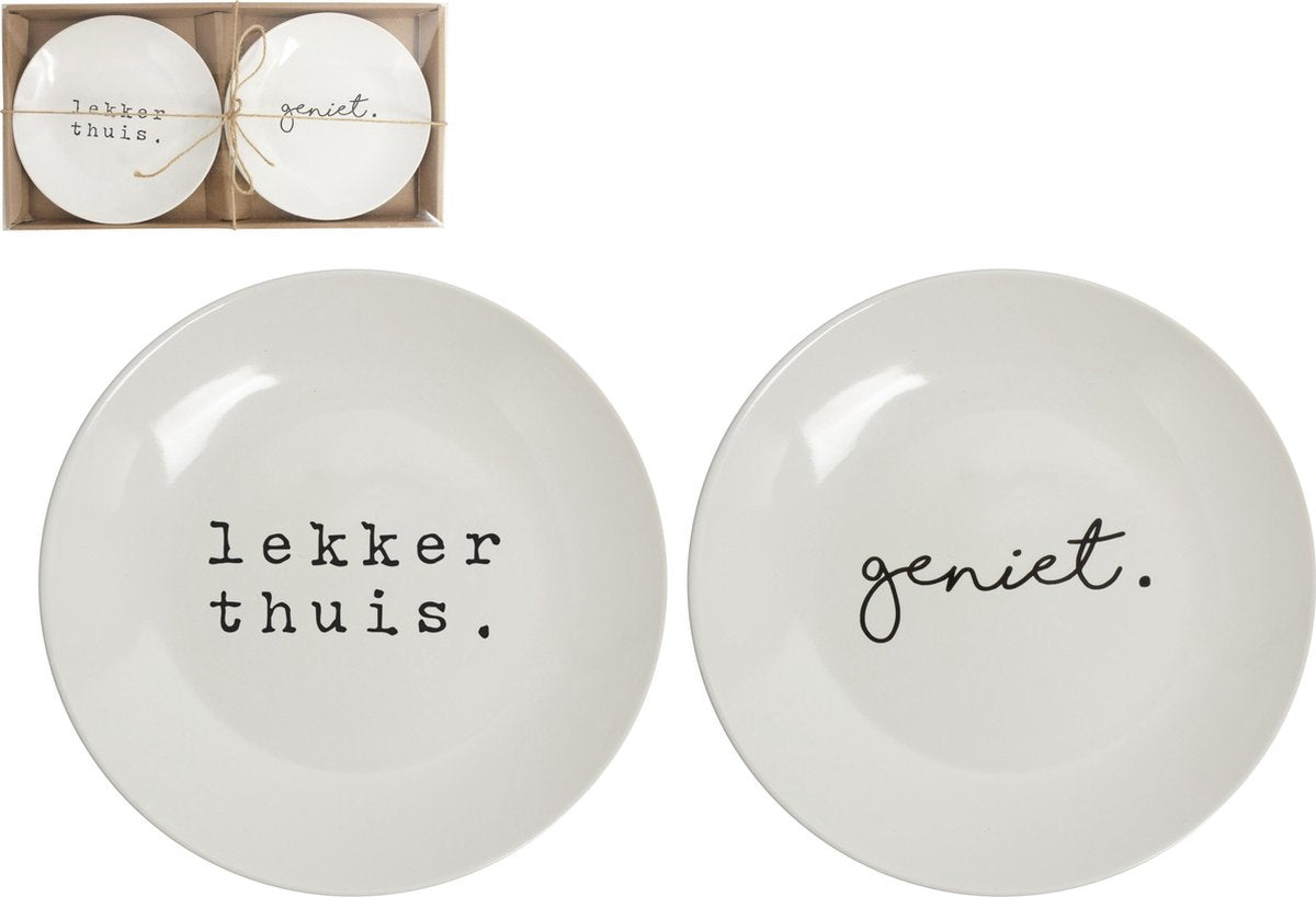 Bordenset 2 stuks Ø20 cm "Geniet" en "Lekker thuis" - wit