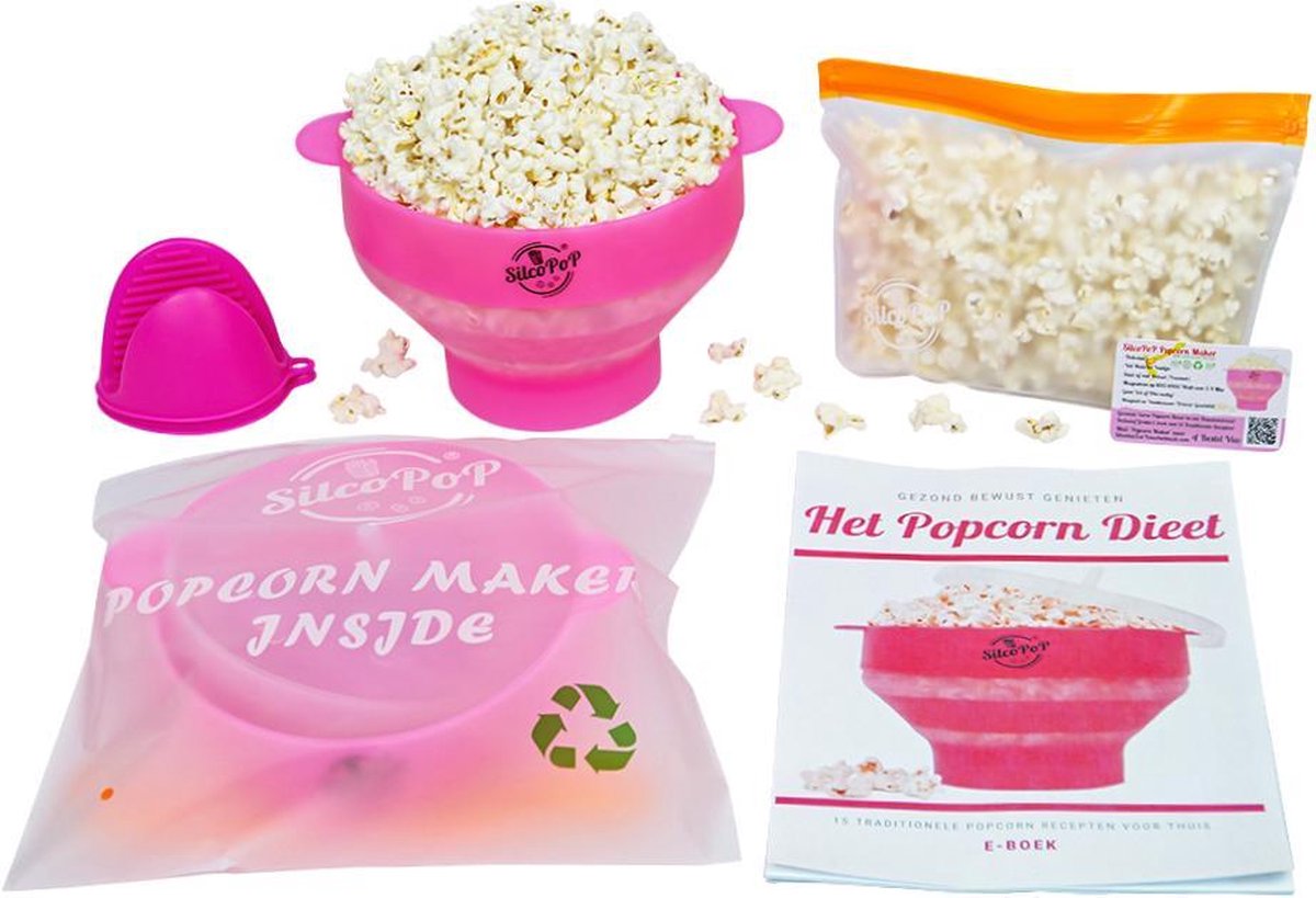 SilcoPoP 4in1 Popcorn Maker Bundle Roze - Siliconen Popcorn Popper Simpel & Opvouwbaar - Paar Hittebestendige Ovenwanten - Herbuikbare Luchtdichte Ziplock Opslag Tas - Milieuvriendelijk Verpakt - Met Gratis Recepten E Book in 3 Talen & VolumeKorting