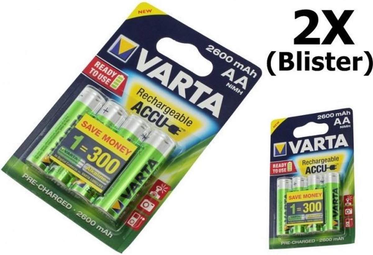 8 Stuks (2 Blisters a 4 st) Varta AA Oplaadbare Batterijen 2600 MAH