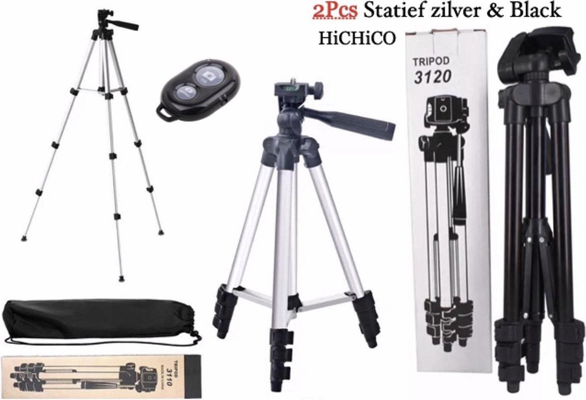 2x Smartphone Tripod Camera Statief voor Fotocamera en Smartphone - iPhone - Canon – Nikon - Spiegelreflexcamera + Bluetooth Remote Shutter en Waterpas 1x Zilver en 1x Zwart – HiCHiCO Model 3120 en 3110