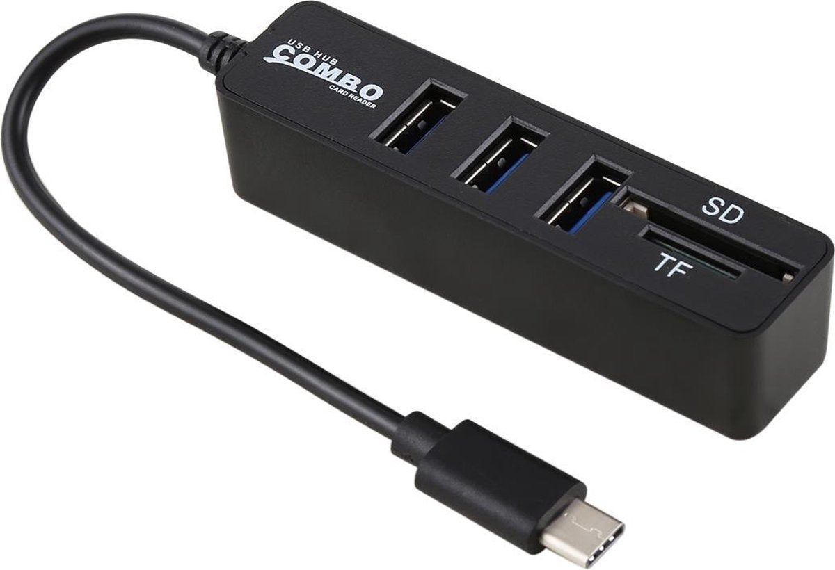 USB-C (Type-C 3.1) Male naar 3X USB Female Hub + SD en TF  geheugenkaartlezer Adapter|20CM | Zwart