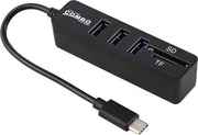 USB-C (Type-C 3.1) Male naar 3X USB Female Hub + SD en TF  geheugenkaartlezer Adapter|20CM | Zwart