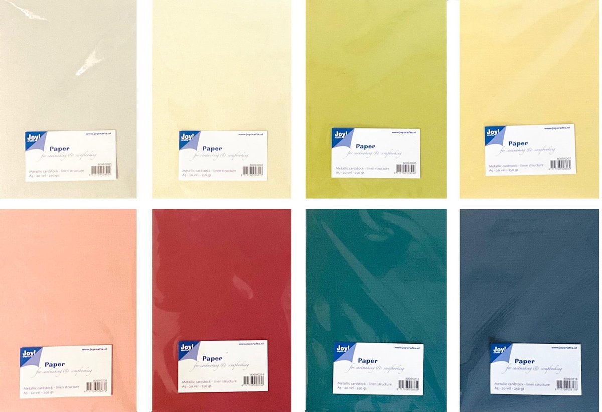 Joy!Crafts / 8x Papierset 20 vellen per kleur / METALLIC LINNEN/A5 Formaat/250 gr / ivoor-taupe-groen-donker grijs-cremegeel-roze-donkerrood en donkergroen.