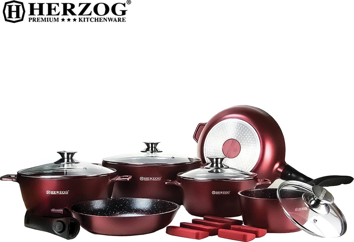 Herzog - Set Lot 16-delige Pannenset inductie - Steencoating - Pannensets - Afneembare handgreep - Glazen deksel - Geschikt voor oven - PFAS-vrij - Bourgondië - HR-ST16M