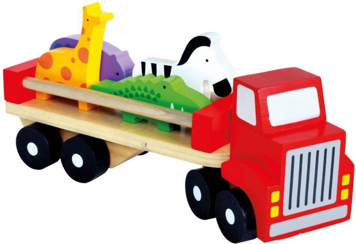 Bino Vrachtwagen Animals Junior 27 X 10 Cm Hout Rood 6-delig