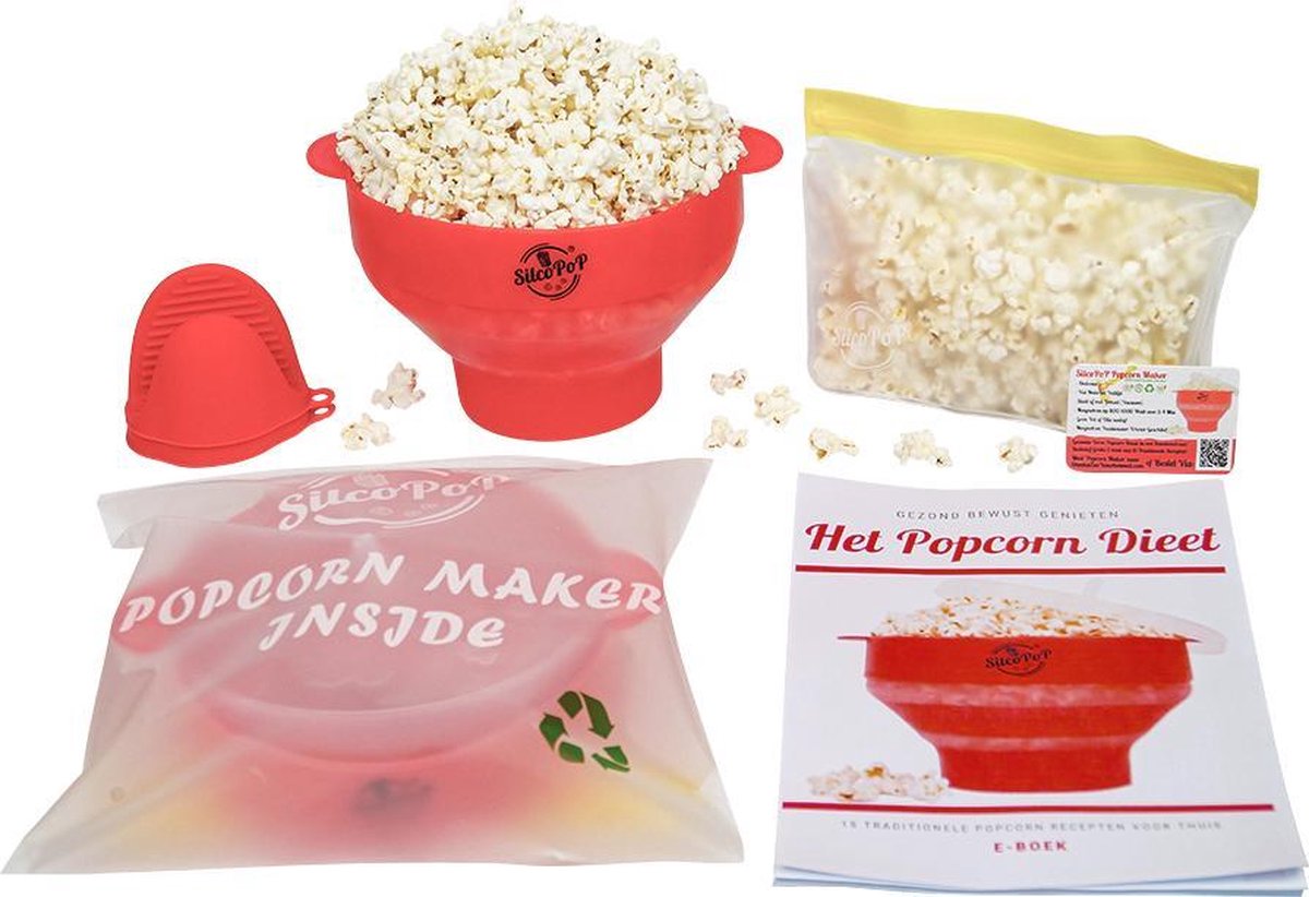SilcoPoP 4in1 Popcorn Maker Bundle Rood - Siliconen Popcorn Popper Simpel & Opvouwbaar - Paar Hittebestendige Ovenwanten - Herbuikbare Luchtdichte Ziplock Opslag Tas - Milieuvriendelijk Verpakt - Met Gratis Recepten E Book in 3 Talen & VolumeKorting