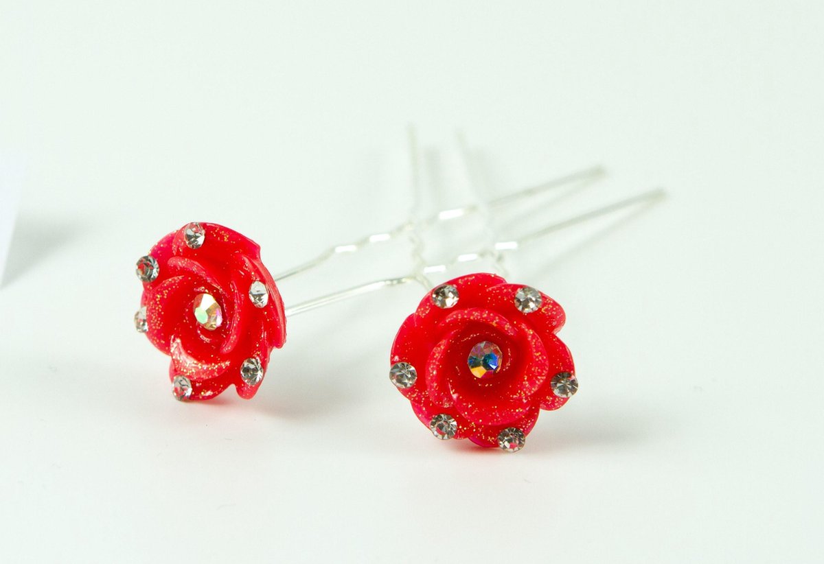 Haarpinnen bloem rood met strass.