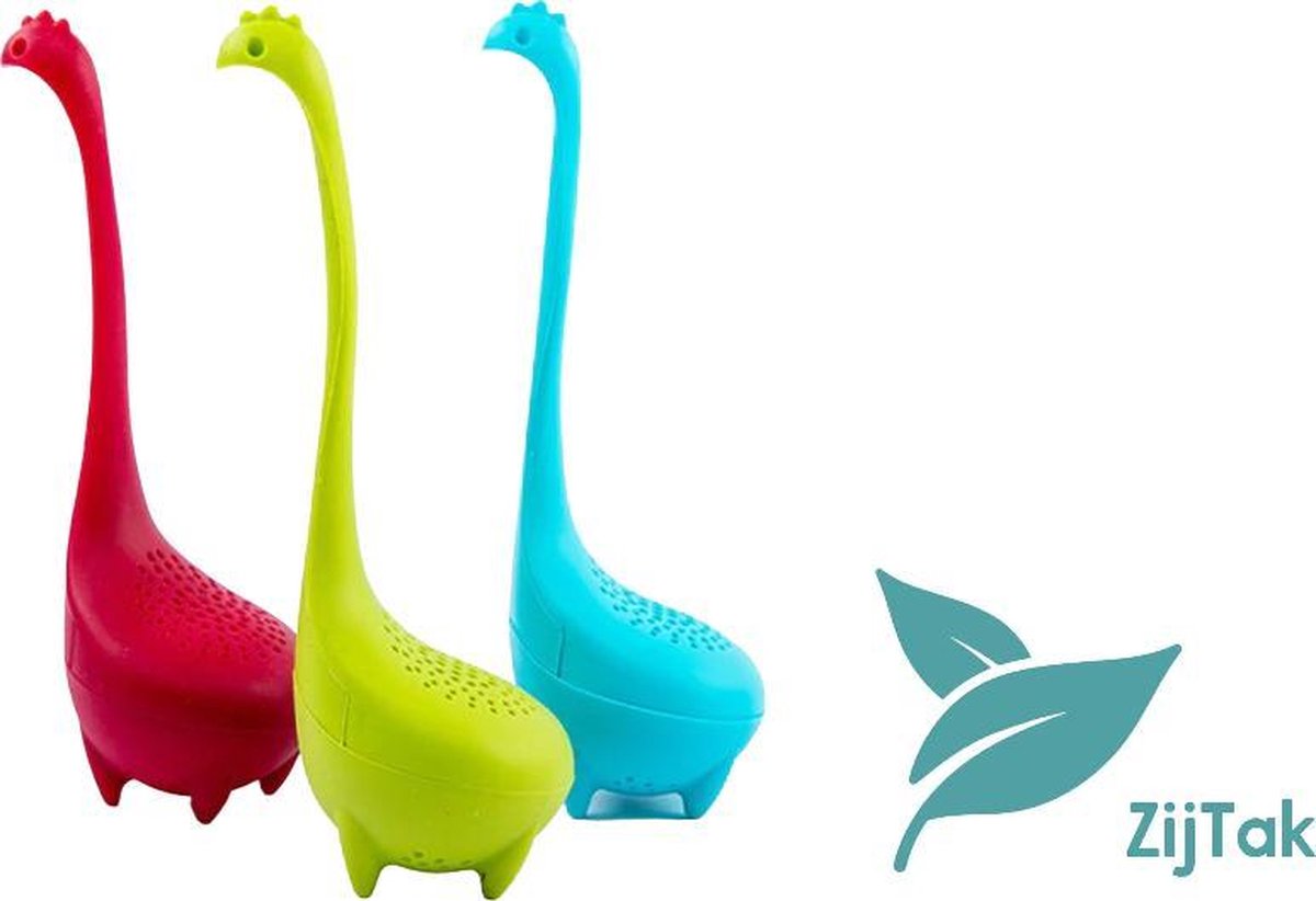 ZijTak Theesaurus - 3 x dinosaurus thee-ei - theefilter - theezeef - theeglas infuser - blauw + groen + rood
