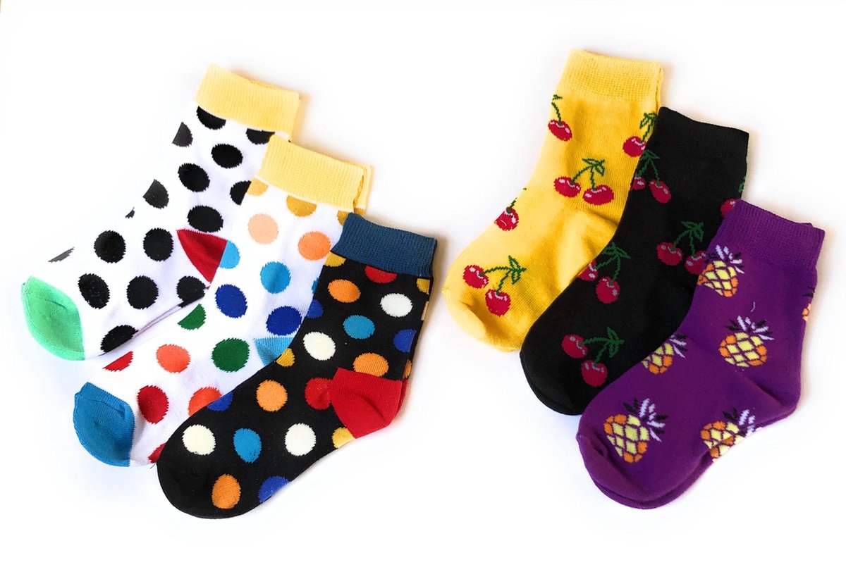 Hipperboo® - The Kids - Kindersokken - 6 paar - 3-5 jaar oud - Maat 24-28 - Fruit en Stippen - 6-pack Mix