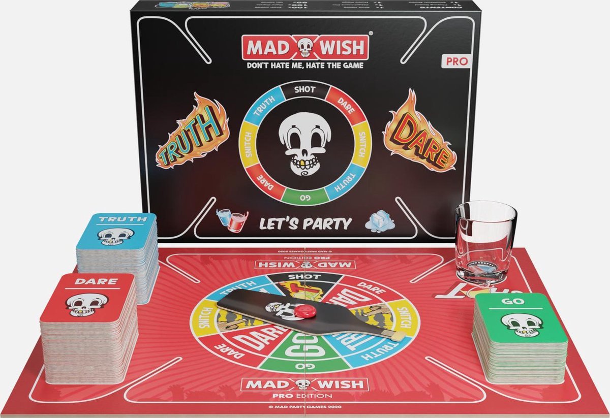 MadWish Pro - truth or dare - do or drink - drinking game - drankspel - gezelschapsspel voor volwassenen - 2 shotglazen - 250 gekke maar originele opdrachtkaarten