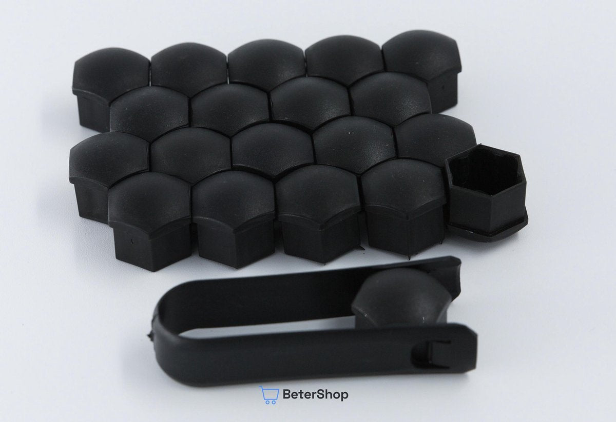Wielmoerkapjes 21 mm - Zwart Matt - Kunststof - Set van 20 stuks incl. tweezer tool - Tesla 3