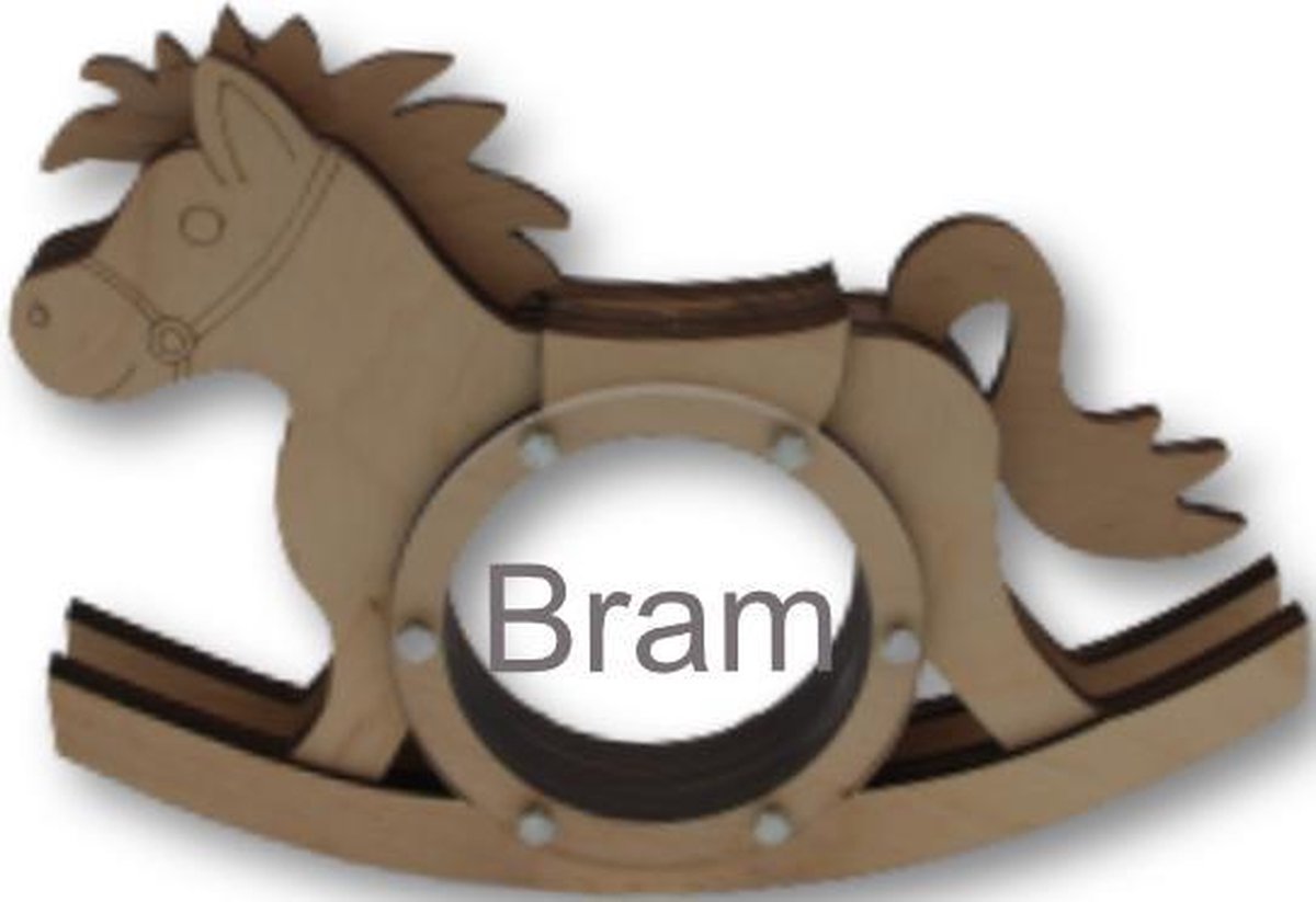Houten spaarpot Schommelpaard met naam in kleur naar keuze.