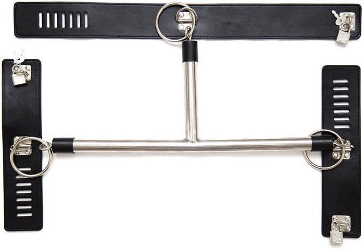 Bondage T-bar voor handen en nek met boeien en halsband