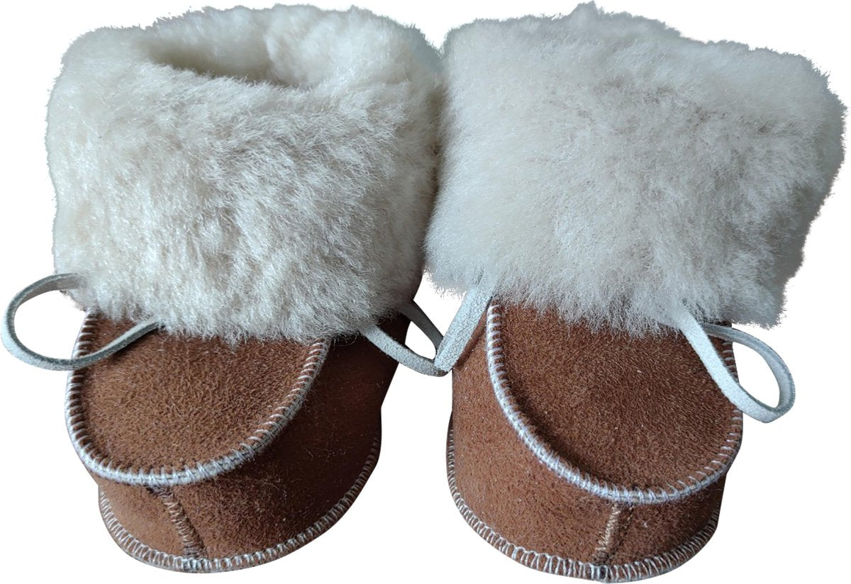 Babyslofjes Bruin - Maat 20 - winter - Antislip - Schapenwol gevoerd - Suede