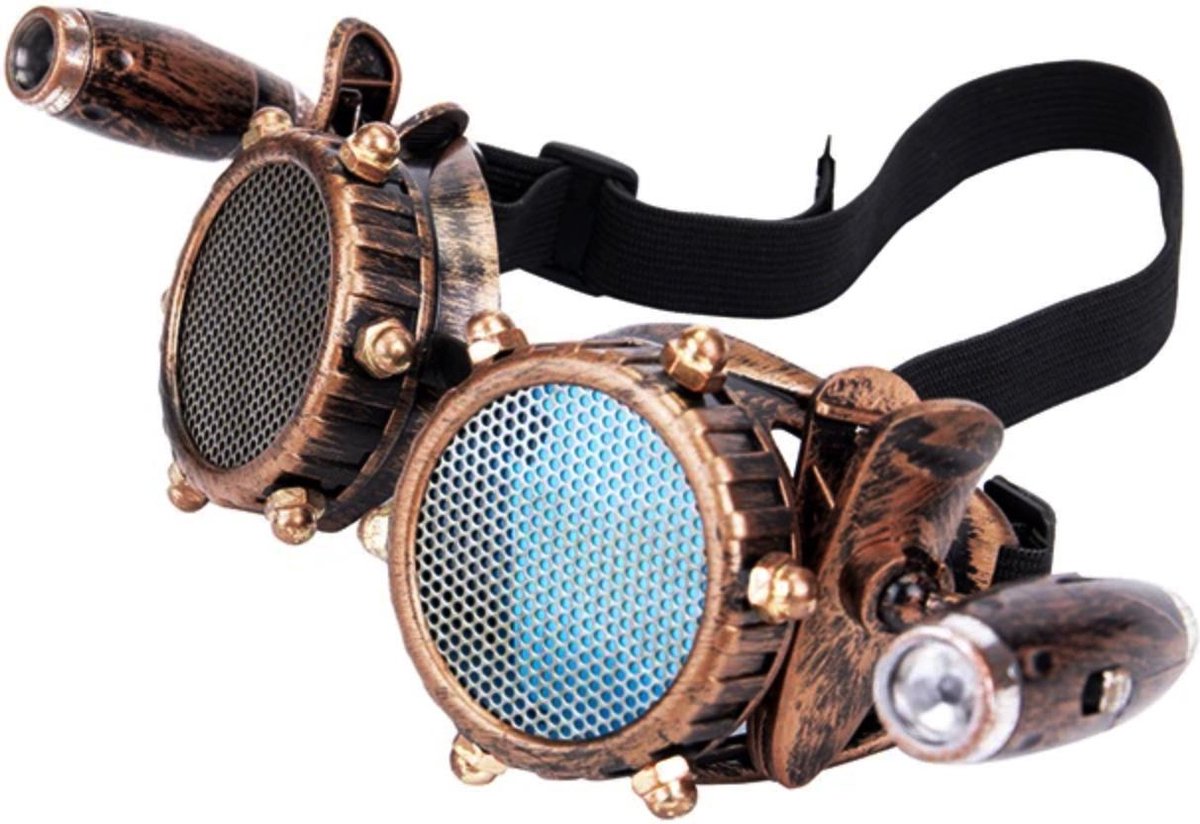 Steampunk bril goggles studs met gaas - koper LED lampjes burning man