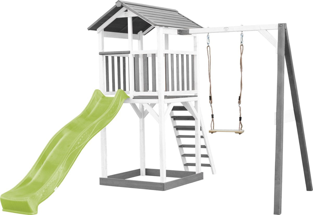 AXI Beach Tower Speeltoren met Enkele Schommel Grijs/wit - Limoen Groene Glijbaan - Zandbak - FSC Hout