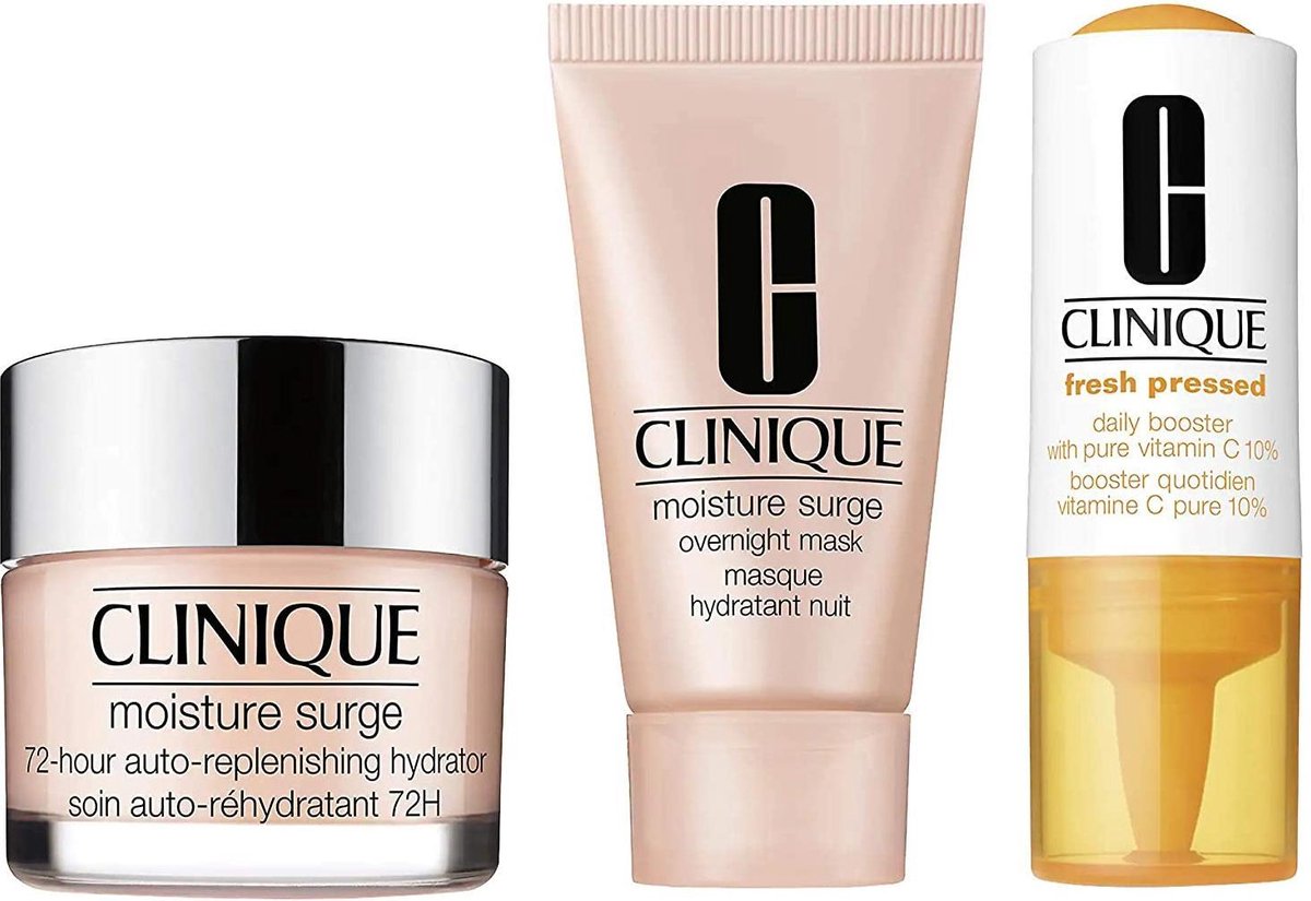 Clinique Giftset - Moisture Surge 72-Hour Auto-Replenishing Hydrator Crème 50 ml + Moisture Surge Overnight Mask 30 ml + Fresh Pressed Daily Booster with Pure Vitamin C 10% 8