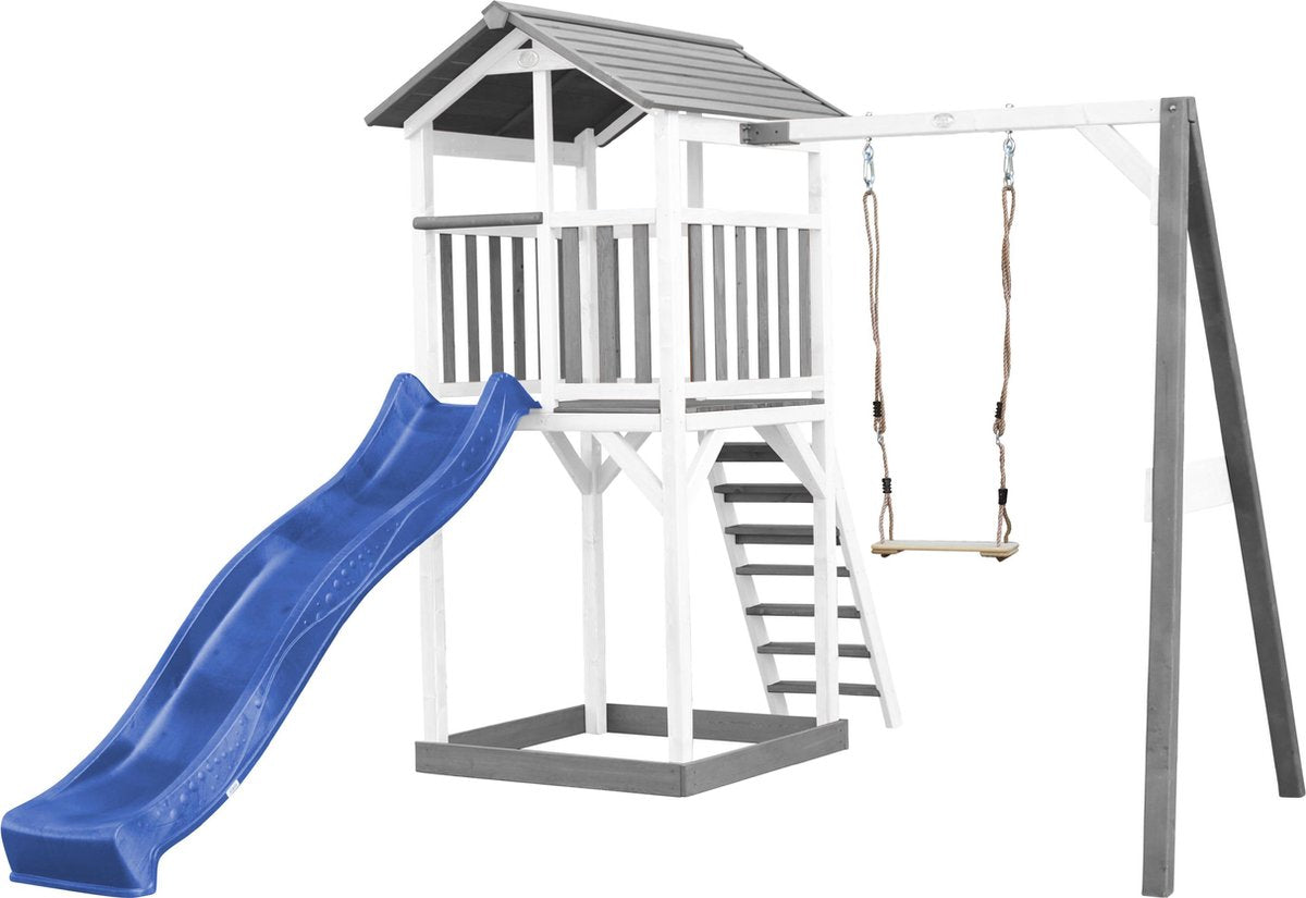 AXI Beach Tower Speeltoren met Enkele Schommel Grijs/wit - Blauwe Glijbaan - Zandbak - FSC Hout