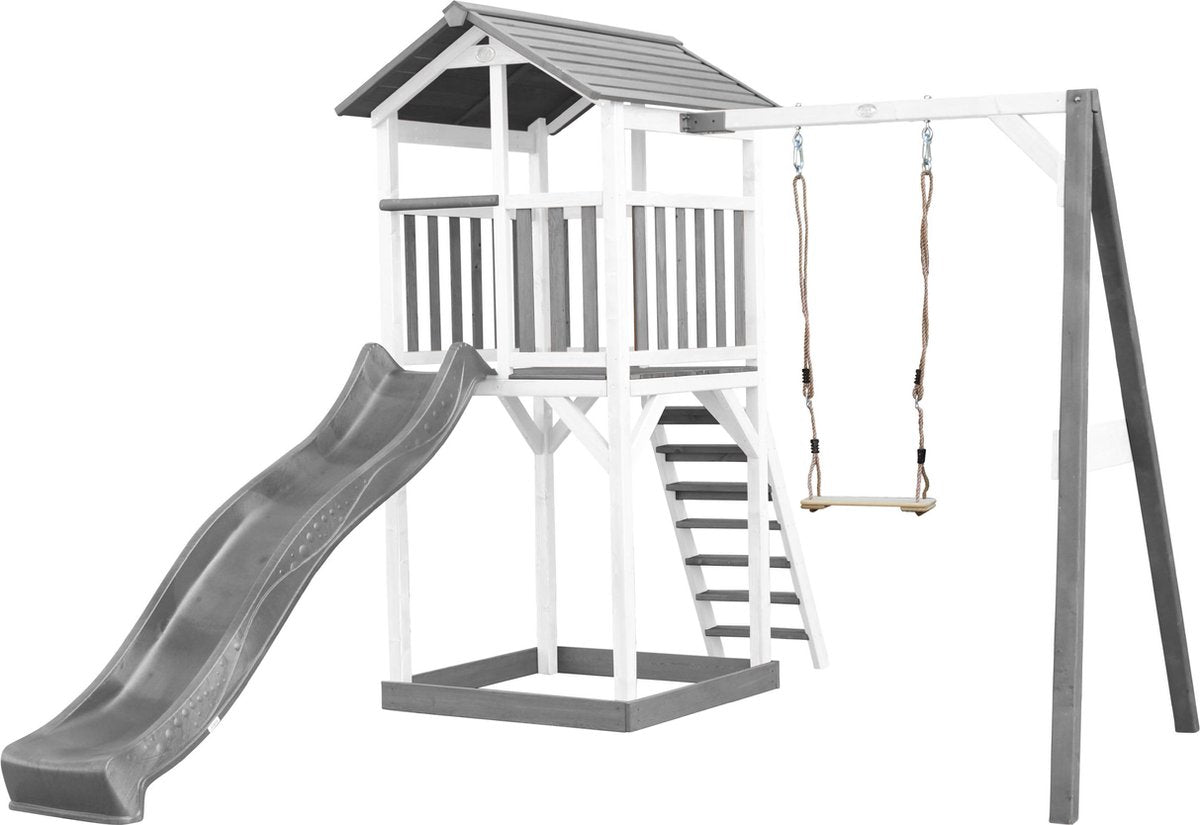 AXI Beach Tower Speeltoren met enkele schommel Grijs/wit - Grijze Glijbaan