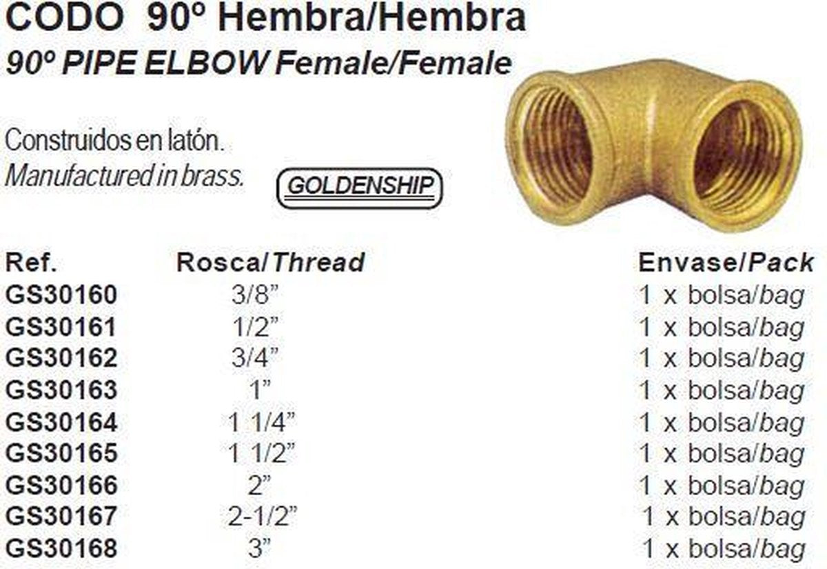90º Pijpstuk Elleboog Female messing (schroefdraad: 3/4'') per stuk (GS30162)