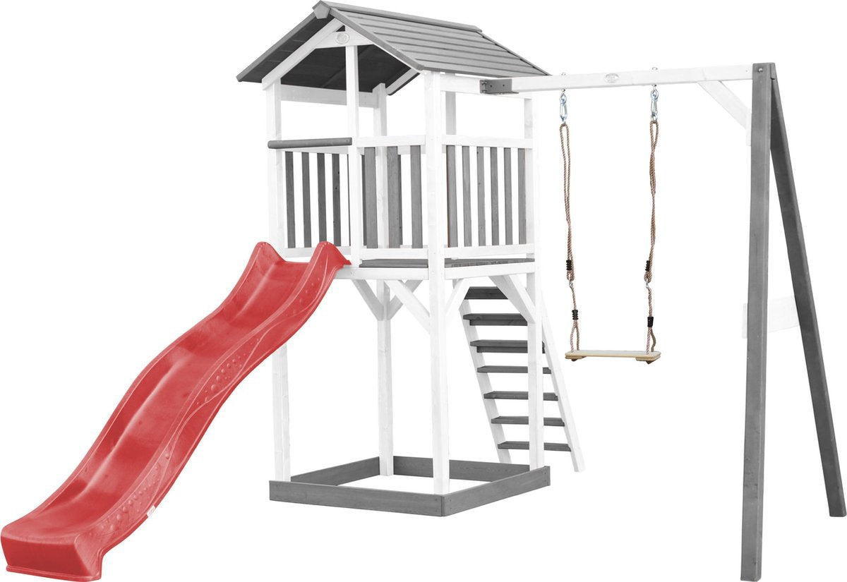 AXI Beach Tower Speeltoren met Enkele Schommel Grijs/wit - Rode Glijbaan - Zandbak - FSC Hout