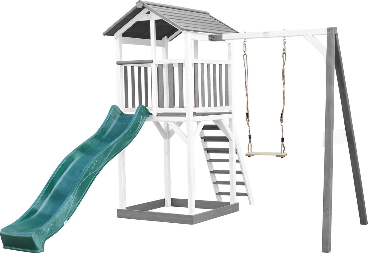 AXI Beach Tower Speeltoren met Enkele Schommel Grijs/wit - Groene Glijbaan - Zandbak - FSC Hout