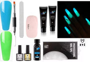 Elvi Polygel luminous kit- complete set inc. USB Uv/Led mini lamp - Nagelverlenging - Glow in the dark -Polyacryl gelnagellak kleuren Azuur blauw & Smaragd groen