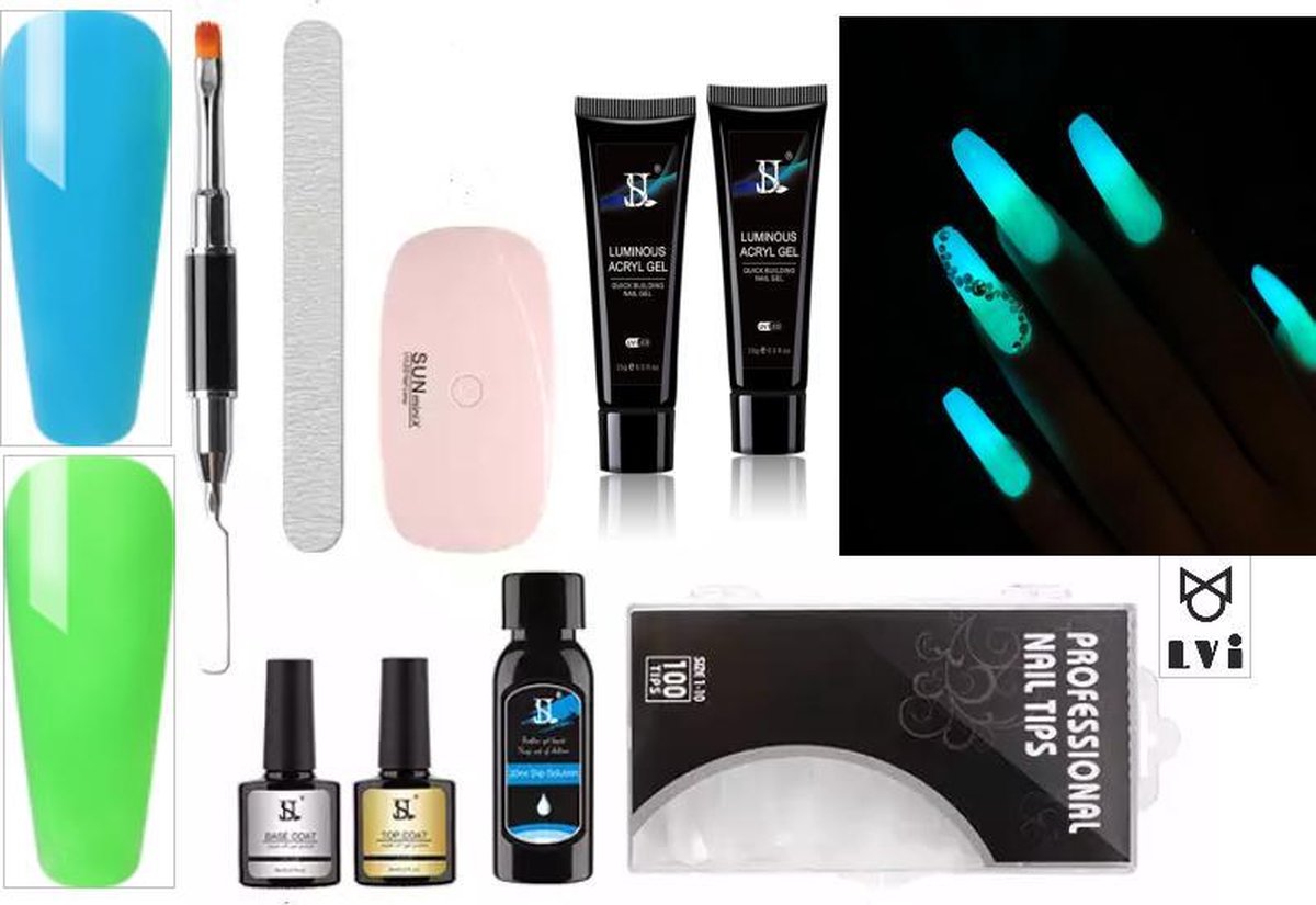 Elvi Polygel luminous kit- complete set inc. USB Uv/Led mini lamp - Nagelverlenging - Glow in the dark -Polyacryl gelnagellak kleuren Azuur blauw & Smaragd groen
