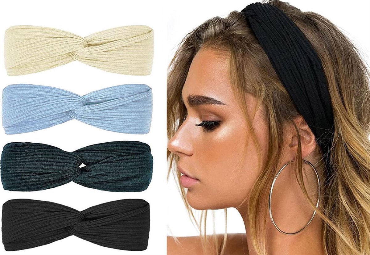 LIXINN®Set van 4 stuks - Gebreide dames haarbanden - Kleur 3  - Knoop cross knitted haarbanden - Dames - Haarband volwassenen - Elastisch antislip - Vrouwen - Meisjes - Yoga - Haaraccessoires