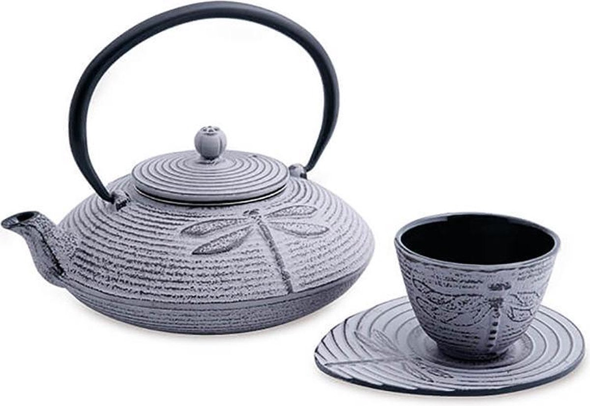 Theepot - Gietijzer theepot + kopje met onderzetter - Gietijzeren theepot - Dragonfly - 800 ml - Grijs