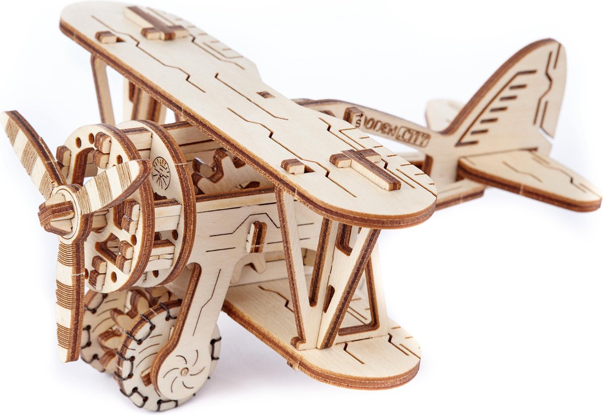 Wooden City modelbouwpakket Vliegtuig Dubbeldekker hout - 88mm hoog x 232mm breed x 140mm diep - naturel kleur