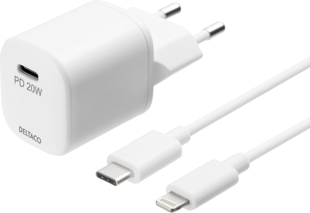 DELTACO USBC-AC141 Wandoplader Lightning MFi naar USB-C kabel - PD - 1m - Wit