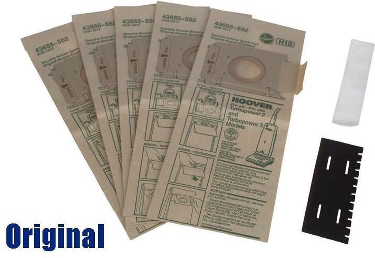 HOOVER - STOFZUIGERZAK ORIG H18   5 STUKS + MOTORFILTER + LUCHTFILTER - 09173709