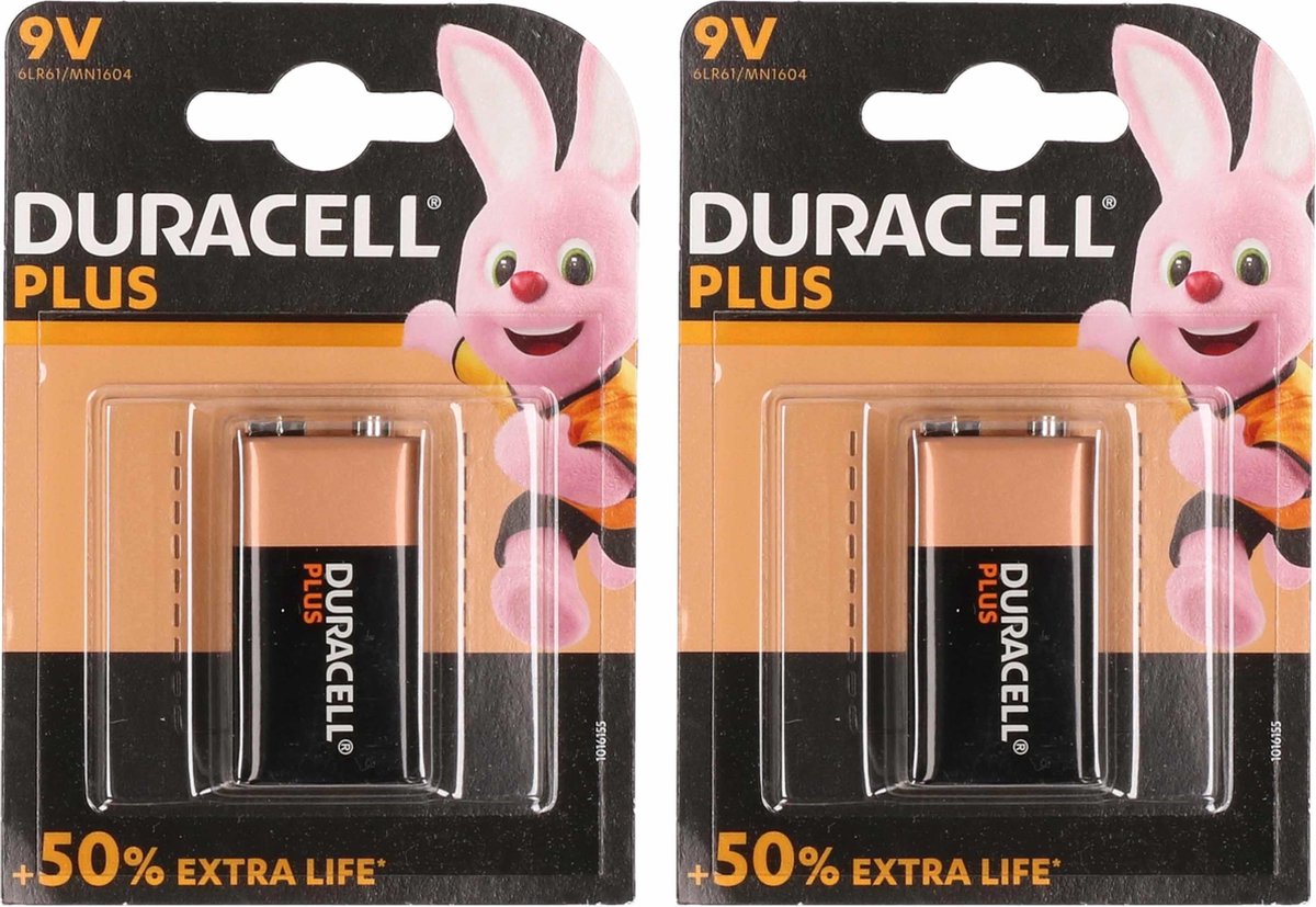 2x Duracell plus batterij 9 volt blok