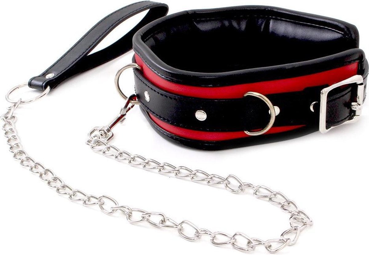 Kiotos Leren zwart rode collar met metalen leiband