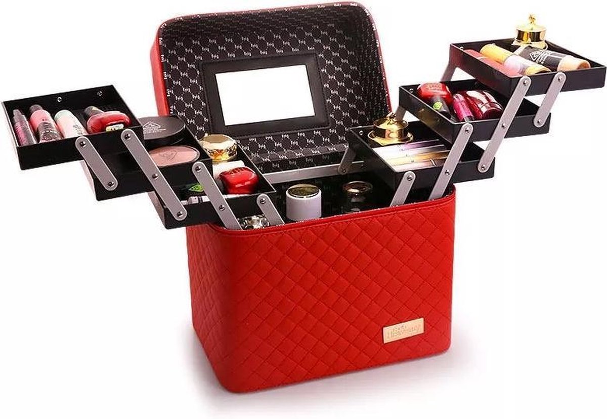 Confibel Make Up Koffer - Uitklapbaar - 5 Opbergbakken - met Spiegel - Rood