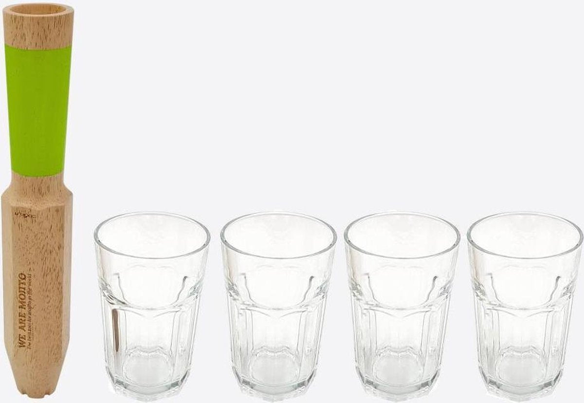 Cookut Morry Mojitoset - Bamboe Stamper - incl 4 Drinkglazen - incl Receptenblaadje - Giftbox - Transparant