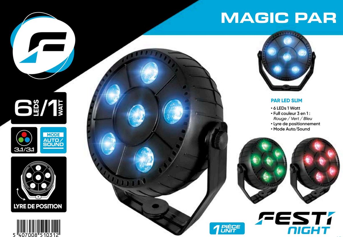 Festisound - muziek led spot - spotlampen - discolamp - blauw - groen - rood - reageert op muziek -