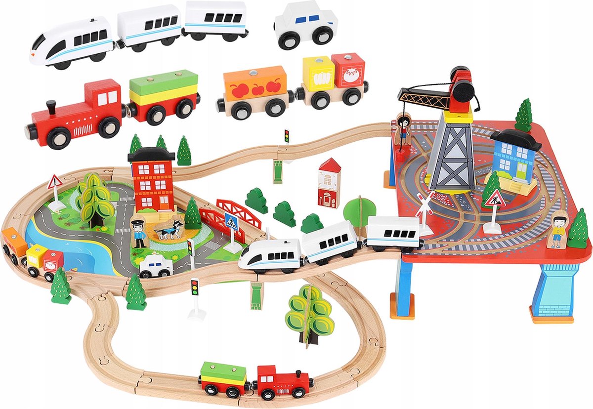XXL Elektrische Houten Treinbaan Set - Set Met Elektrische Trein Met Locomotief - Speelgoedtrein Spoorbaan Rails - Spoorweg Treinset Electrisch - Treinset - 88-Delig - 330 Centimeter