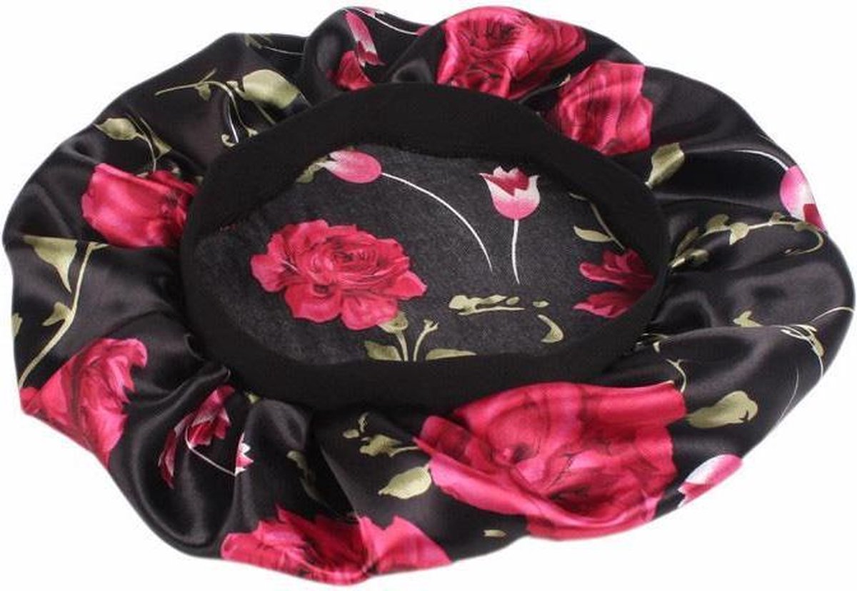 Afabs® Zwart roze bloemen Satijnen Slaapmuts / Hair Bonnet / Haar bonnet van Satijn / Satin bonnet / Afro nachtmuts