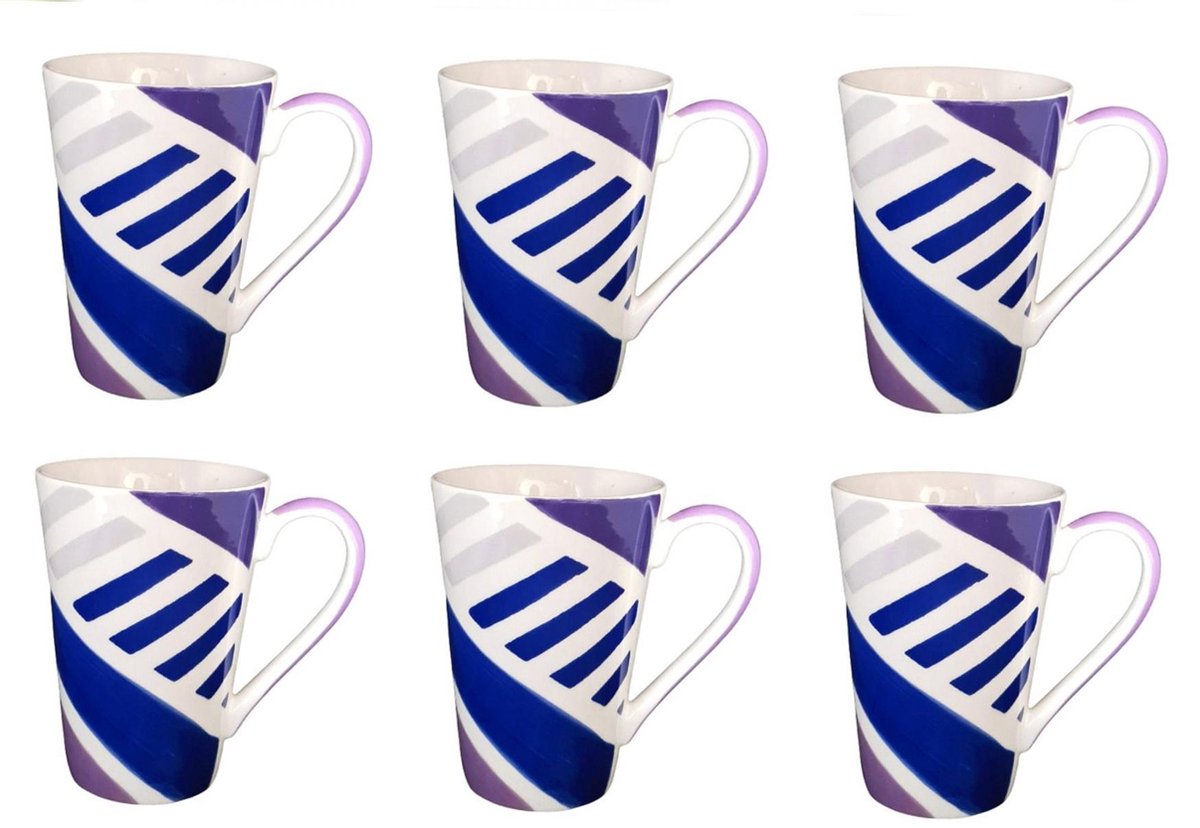 Mok - Beker - Set van 6 stuks mokken/bekers - Keramiek - 100% hand painted - Blauw en paars - 350 ml