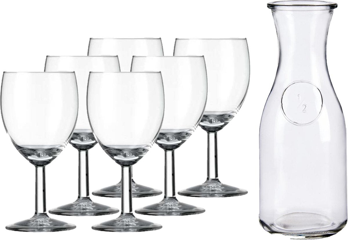 Glazen wijn karaf van 500 ml met 6x stuks wijnglazen voor rode wijn 200 ml