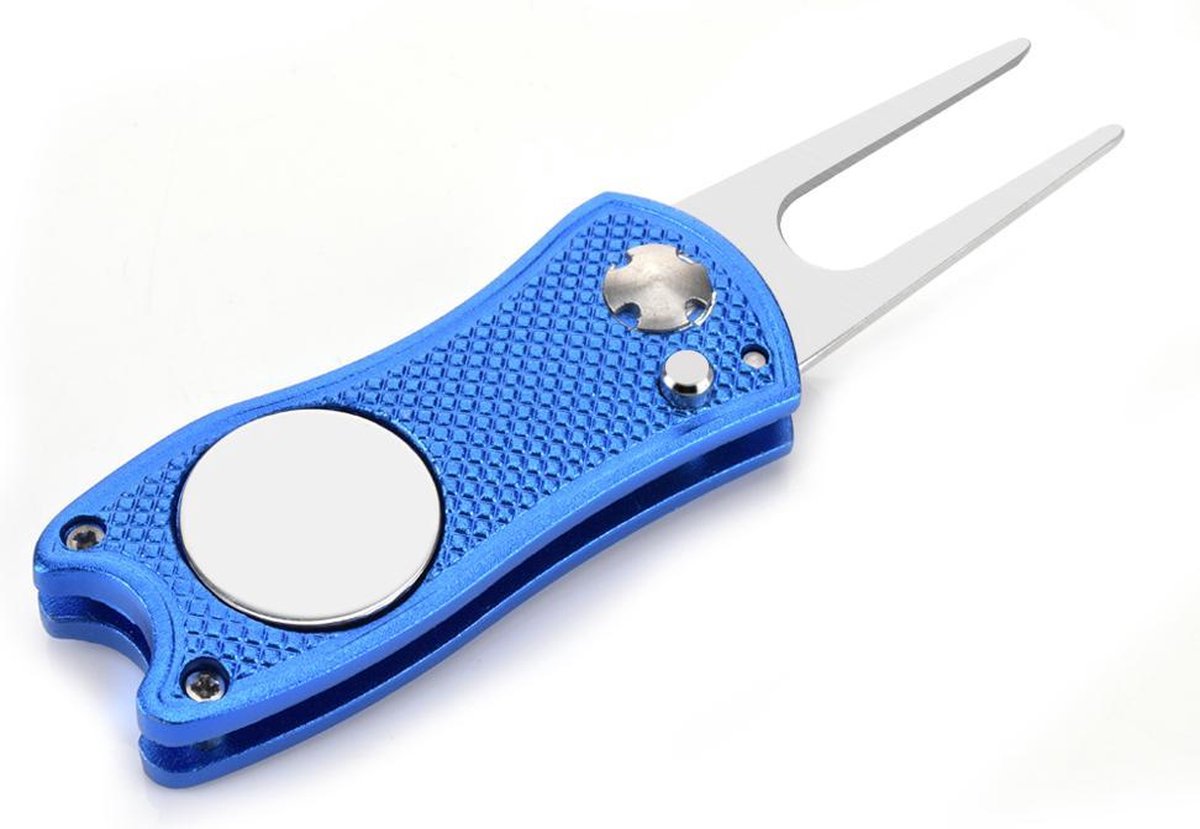 Firsttee - Pitchfork golf - Opvouwbaar - INCLUSIEF MARKER - Blauw - Repareer Greens - Golf accessoires - Golfballen - Pitchfork marker - Pitchfork metaal - Compact - Pocket - Marker golfbal - Golfbalmarkers - Golf sport - Golf training - Cadeau
