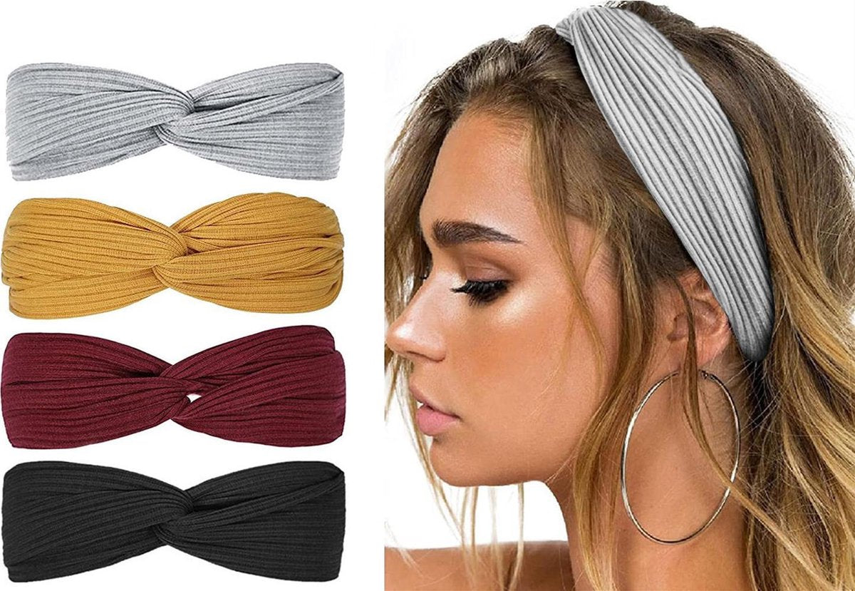 LIXINN®Set van 4 stuks - Gebreide dames haarbanden - Kleur 6  - Knoop cross knitted haarbanden - Dames - Haarband volwassenen - Elastisch antislip - Vrouwen - Meisjes - Yoga - Haaraccessoires