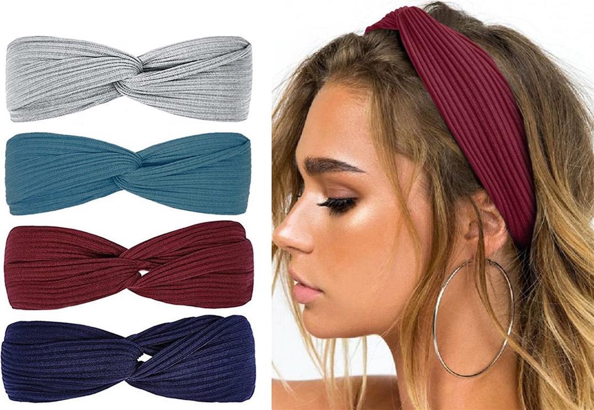 LIXINN®Set van 4 stuks - Gebreide dames haarbanden - Kleur 4  - Knoop cross knitted haarbanden - Dames - Haarband volwassenen - Elastisch antislip - Vrouwen - Meisjes - Yoga - Haaraccessoires