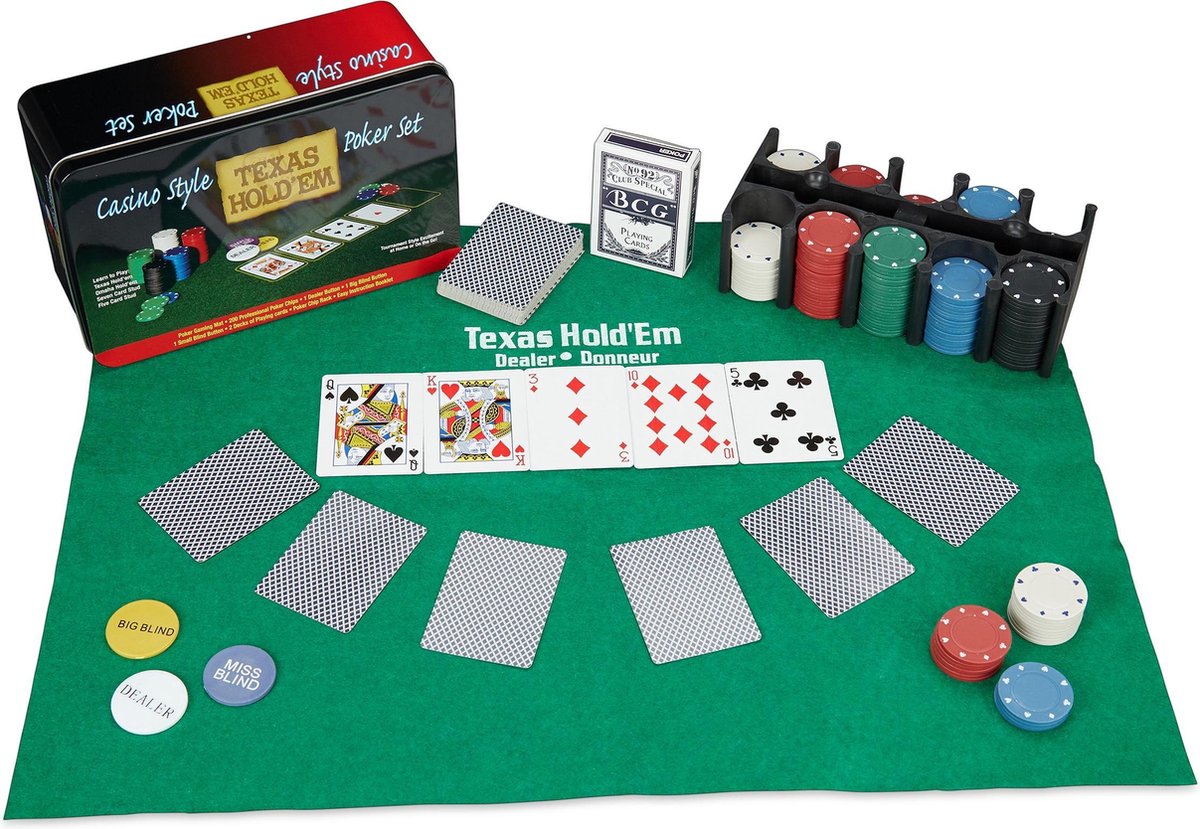 relaxdays pokerset - pokerspel - tafelkleed - starter set - 2 kaartspellen - 200 chips